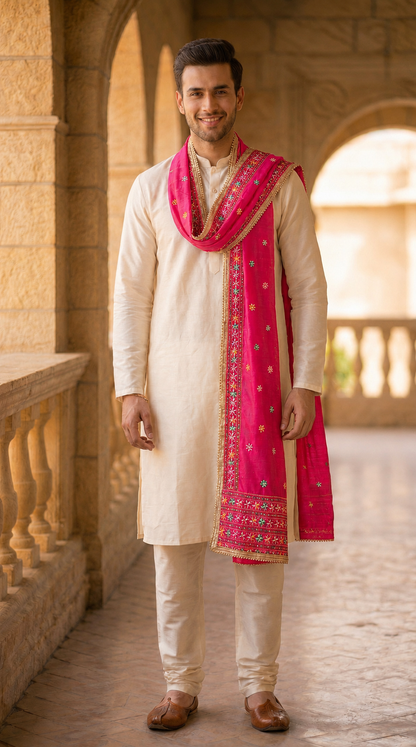 Punjabi Phulkari Dupatta for Men with Heavy Embroidery Border | Pink