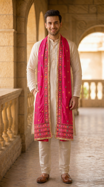 Punjabi Phulkari Dupatta for Men with Heavy Embroidery Border | Pink
