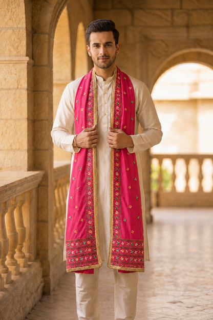 Punjabi Phulkari Dupatta for Men with Heavy Embroidery Border | Pink