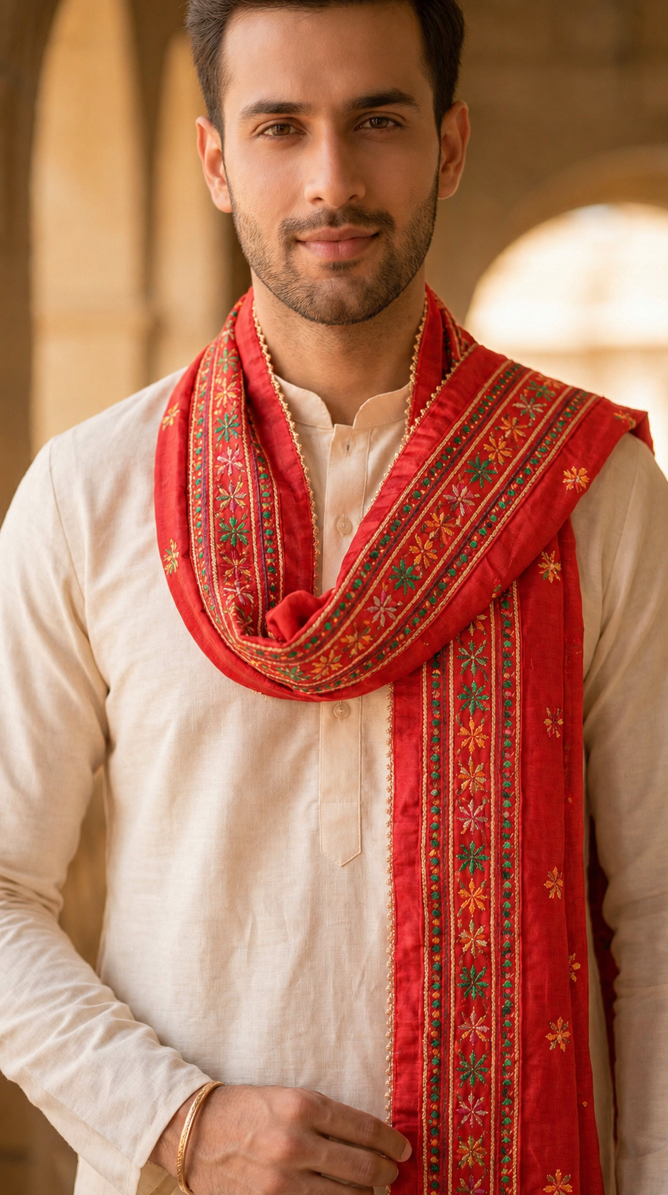 Punjabi Phulkari Dupatta for Men with Heavy Embroidery Border | Red