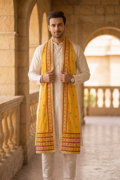 Punjabi Phulkari Dupatta for Men with Heavy Embroidery Border | Yellow