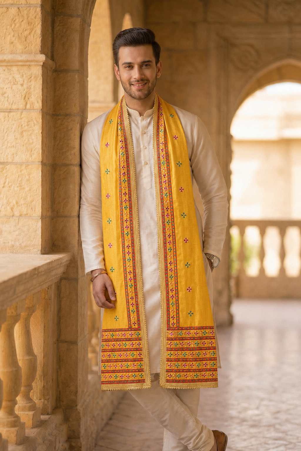 Punjabi Phulkari Dupatta for Men with Heavy Embroidery Border | Yellow