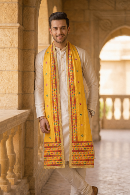 Punjabi Phulkari Dupatta for Men with Heavy Embroidery Border | Yellow