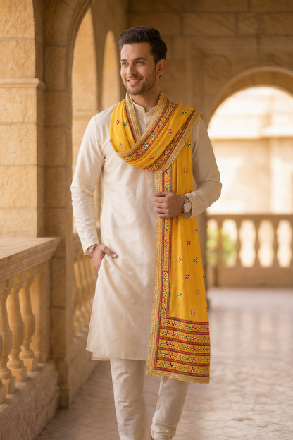 Punjabi Phulkari Dupatta for Men with Heavy Embroidery Border | Yellow