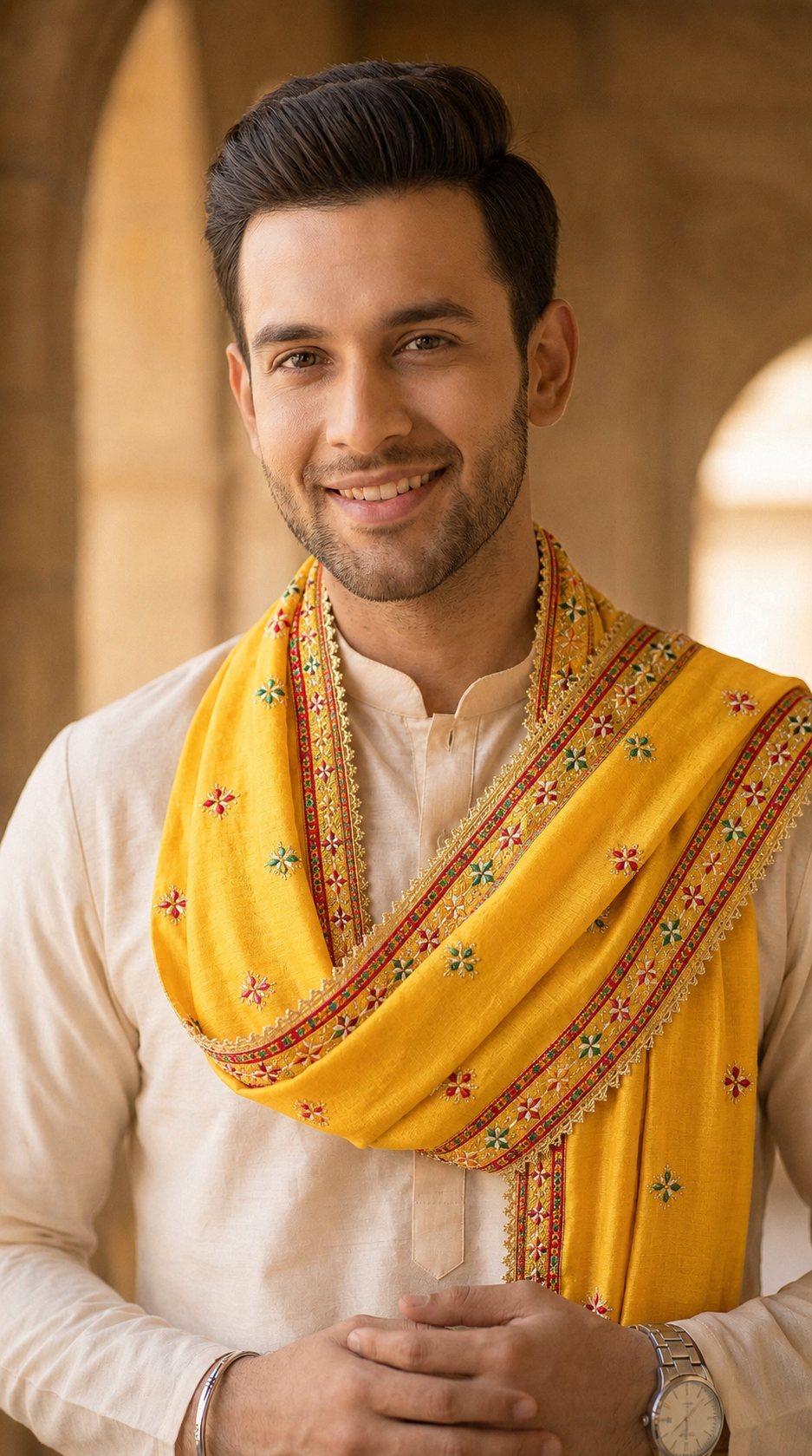 Punjabi Phulkari Dupatta for Men with Heavy Embroidery Border | Yellow