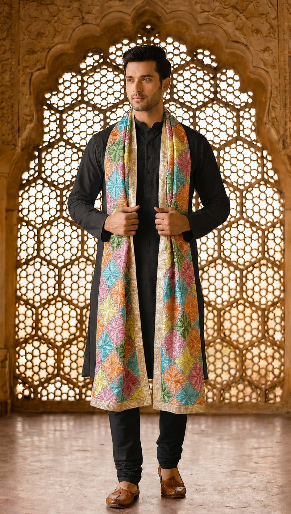 Punjabi Phulkari Dupatta for Men with Heavy Embroidery | Multicolor