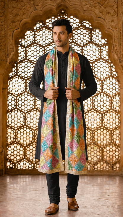 Punjabi Phulkari Dupatta for Men with Heavy Embroidery | Multicolor