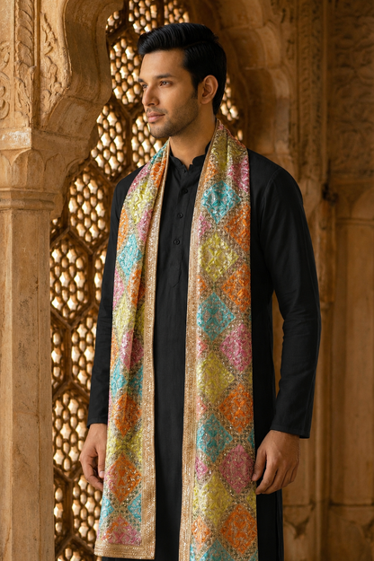 Punjabi Phulkari Dupatta for Men with Heavy Embroidery | Multicolor