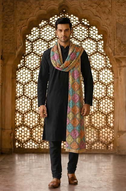 Punjabi Phulkari Dupatta for Men with Heavy Embroidery | Multicolor