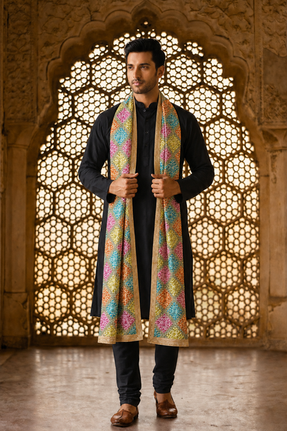 Punjabi Phulkari Dupatta for Men with Heavy Embroidery | Multicolor