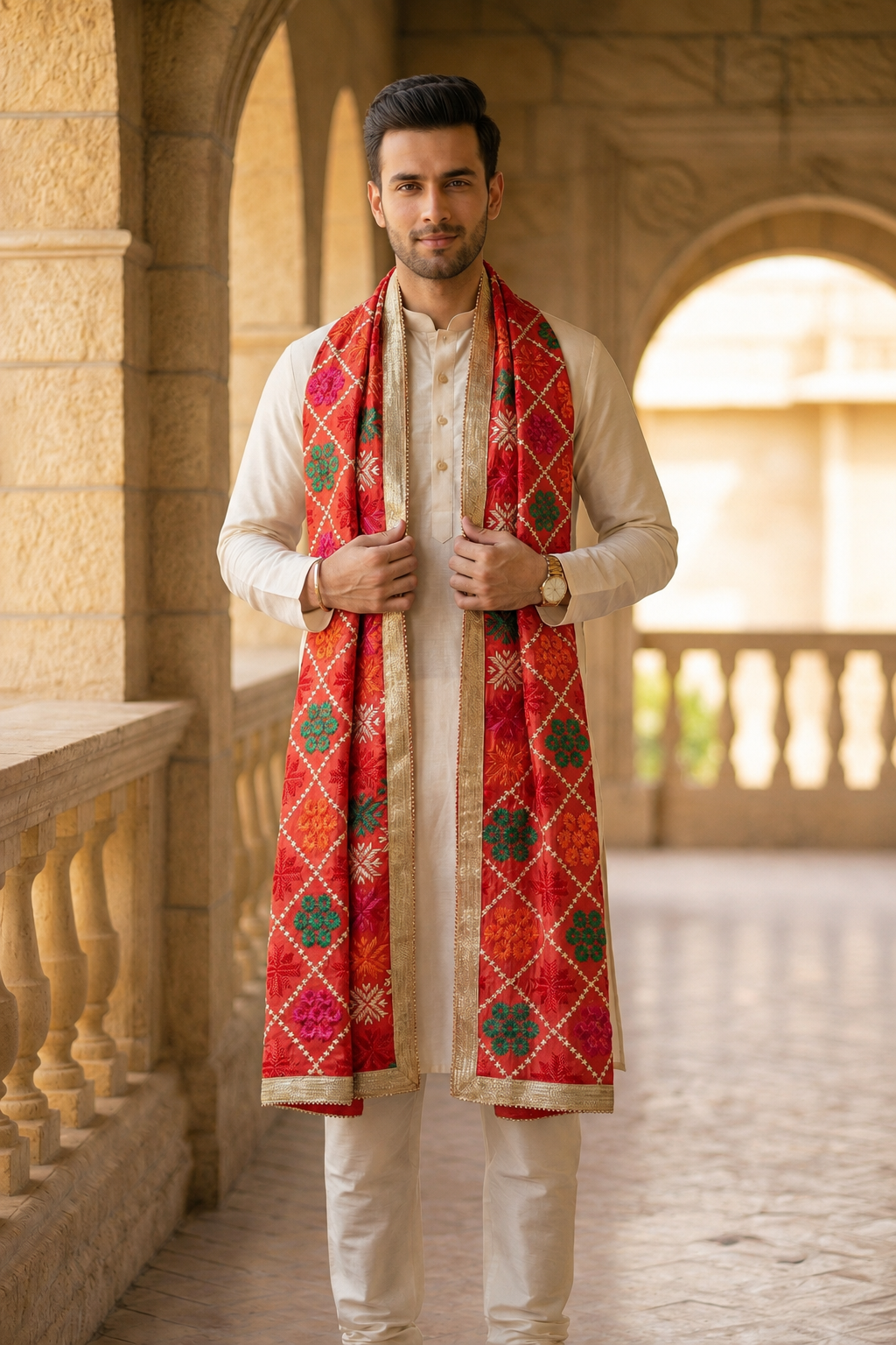 Punjabi Phulkari Dupatta for Men with Heavy Embroidery | Multicolor
