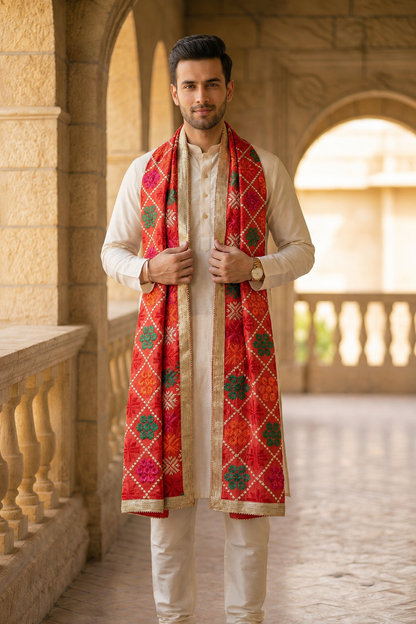 Punjabi Phulkari Dupatta for Men with Heavy Embroidery | Multicolor