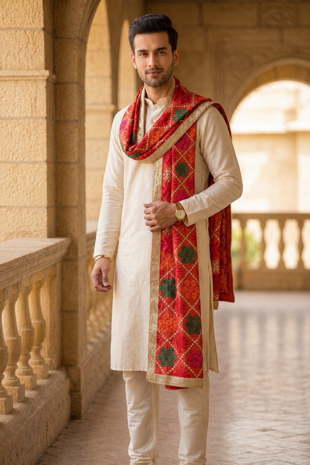 Punjabi Phulkari Dupatta for Men with Heavy Embroidery | Multicolor