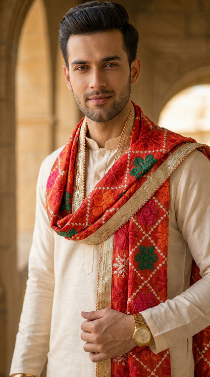 Punjabi Phulkari Dupatta for Men with Heavy Embroidery | Multicolor