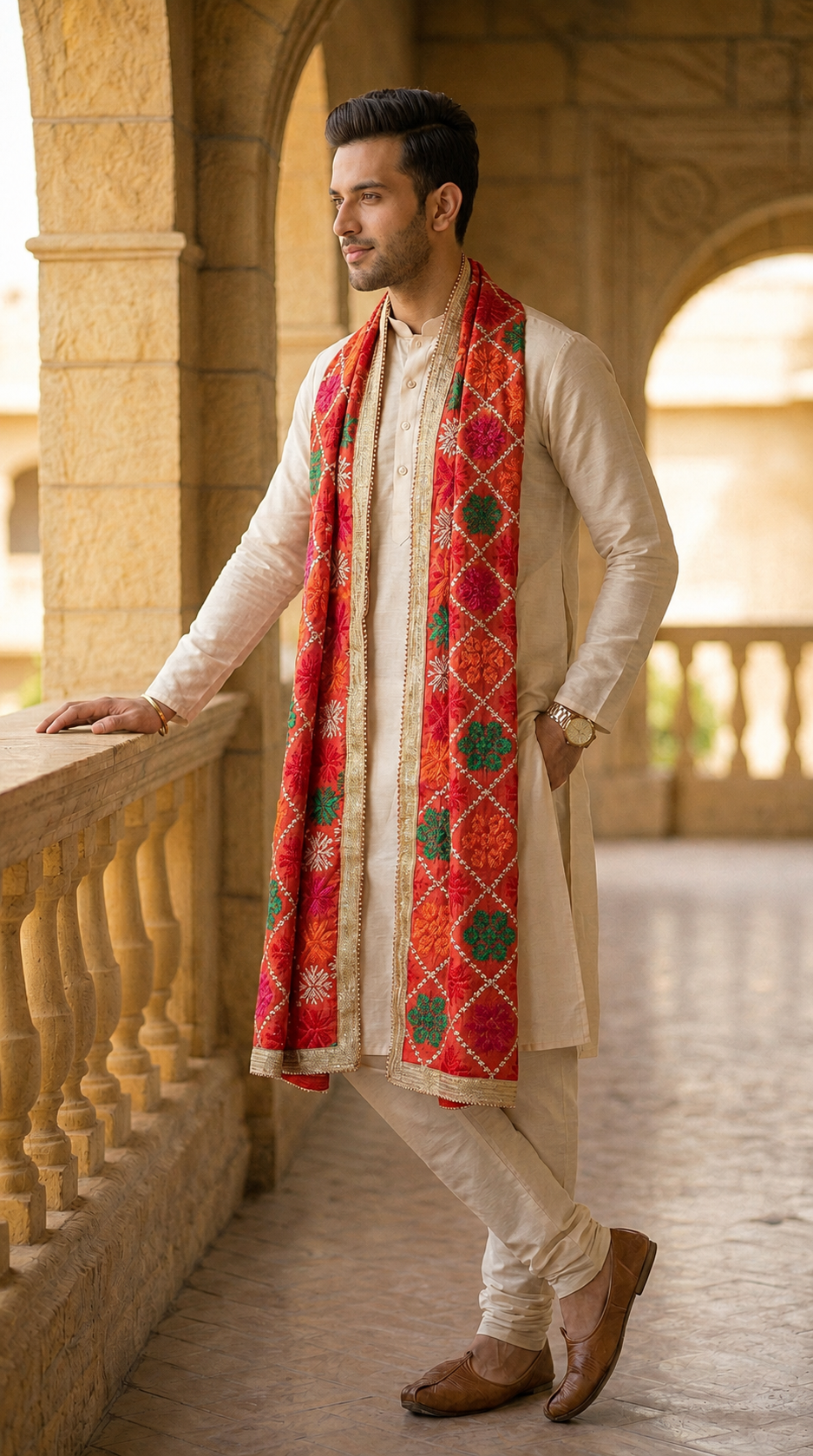 Punjabi Phulkari Dupatta for Men with Heavy Embroidery | Multicolor