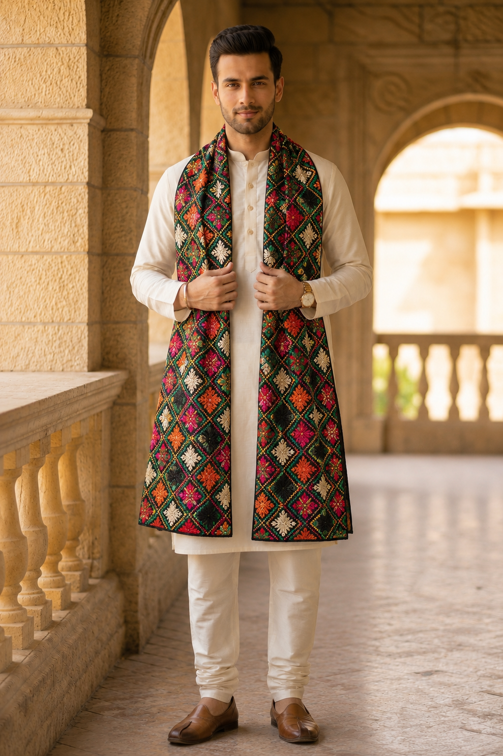 Punjabi Phulkari Dupatta for Men with Heavy Embroidery | Black