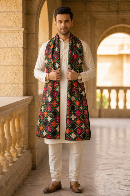 Punjabi Phulkari Dupatta for Men with Heavy Embroidery | Black