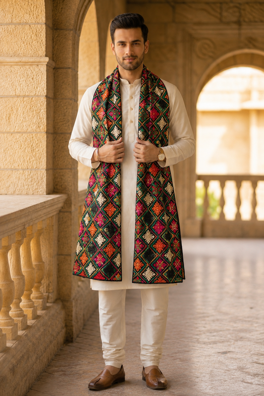 Punjabi Phulkari Dupatta for Men with Heavy Embroidery | Black
