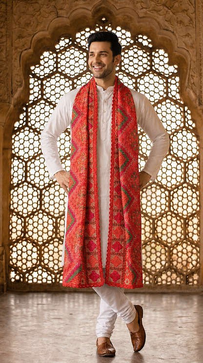 Punjabi Bagh Phulkari Dupatta for Men with Heavy Embroidery | Red