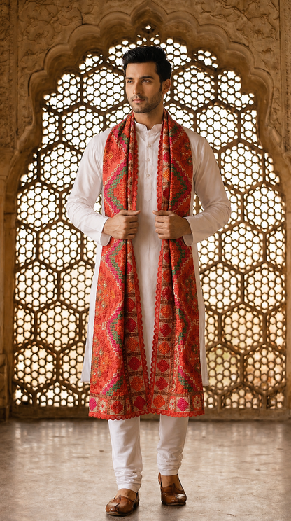 Punjabi Bagh Phulkari Dupatta for Men with Heavy Embroidery | Red