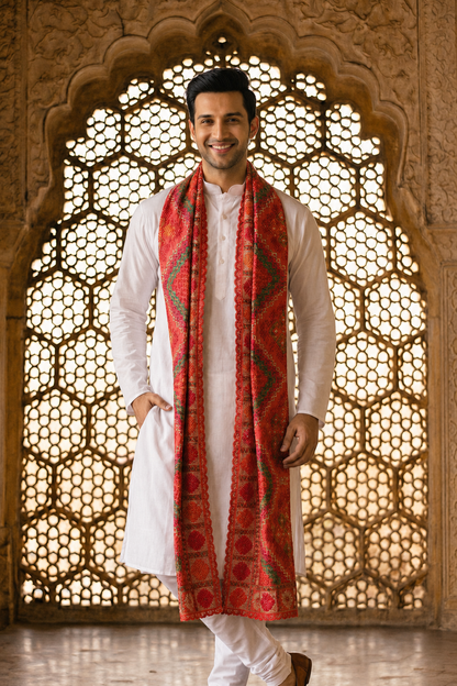 Punjabi Bagh Phulkari Dupatta for Men with Heavy Embroidery | Red