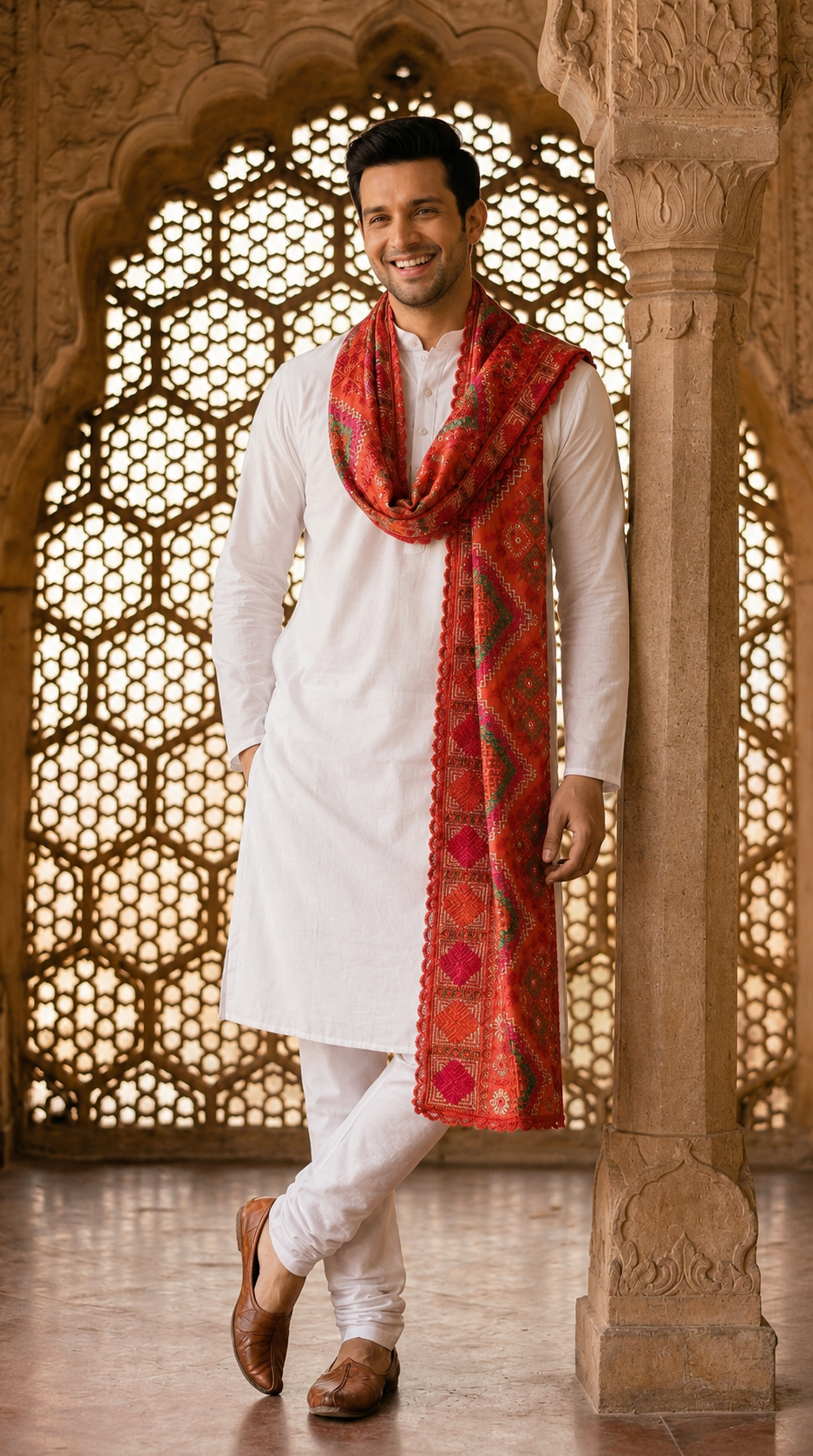Punjabi Bagh Phulkari Dupatta for Men with Heavy Embroidery | Red