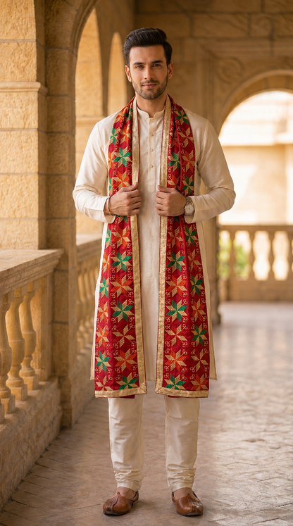 Punjabi Phulkari Dupatta for Men with Heavy Embroidery | Multicolor