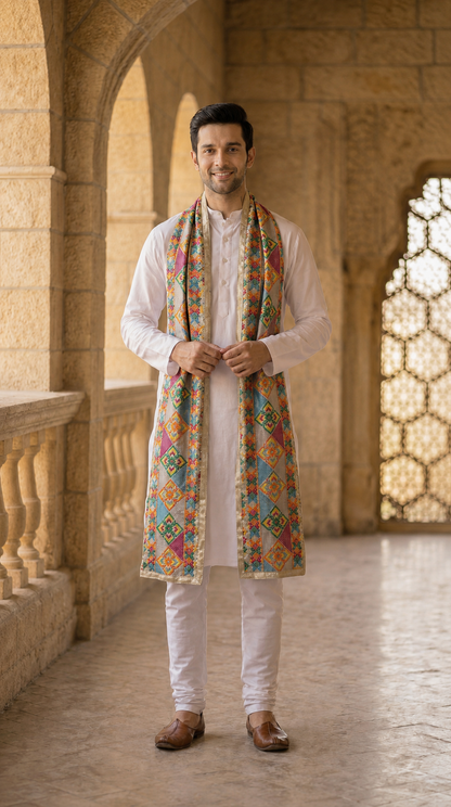 Punjabi Bagh Phulkari Dupatta for Men with Heavy Embroidery | Multicolor