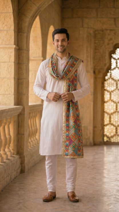 Punjabi Bagh Phulkari Dupatta for Men with Heavy Embroidery | Multicolor