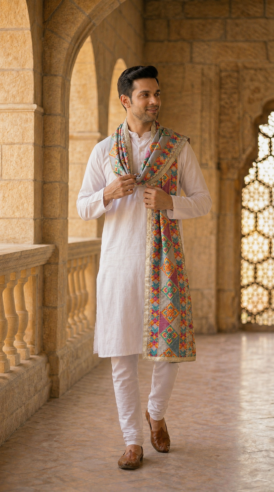 Punjabi Bagh Phulkari Dupatta for Men with Heavy Embroidery | Multicolor