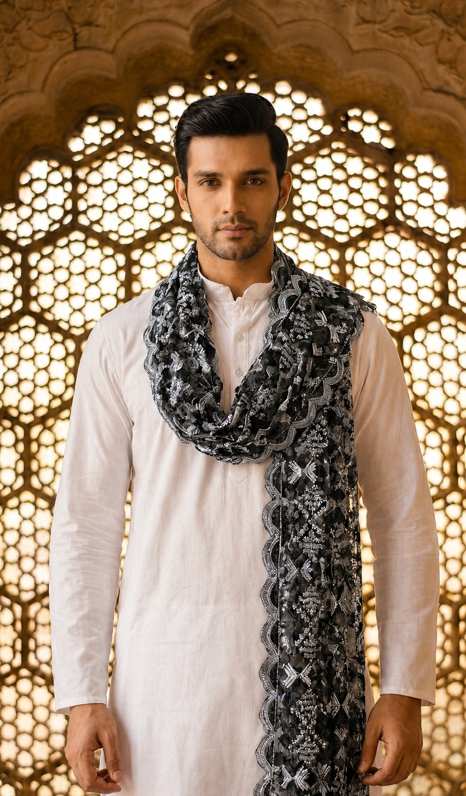 Organza Phulkari Dupatta for Men with Heavy Embroidery | Black
