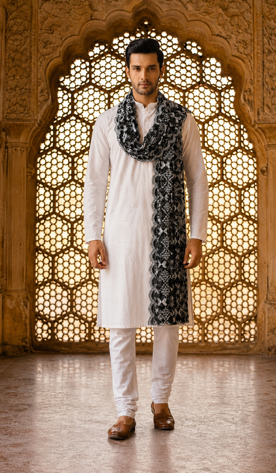 Organza Phulkari Dupatta for Men with Heavy Embroidery | Black