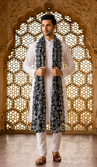 Organza Phulkari Dupatta for Men with Heavy Embroidery | Black