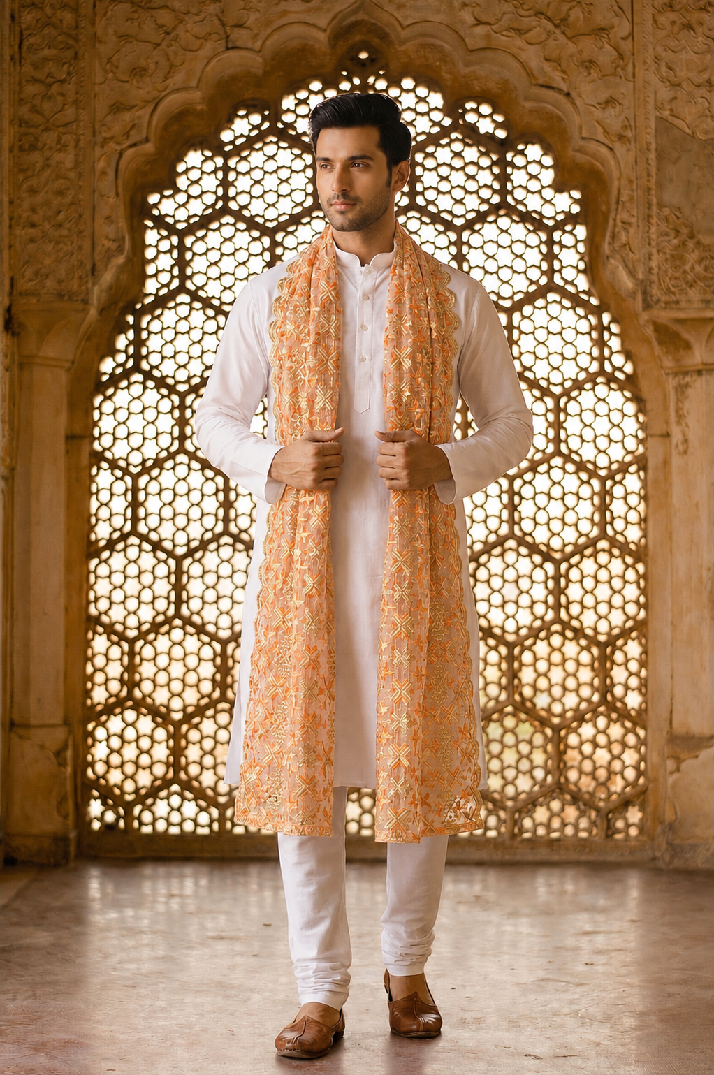 Organza Phulkari Dupatta for Men with Heavy Embroidery | Peach