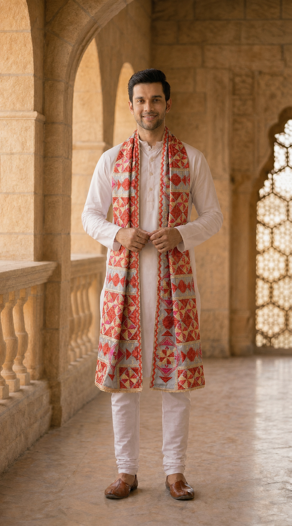 Punjabi Bagh Phulkari Dupatta for Men with Heavy Embroidery | Grey