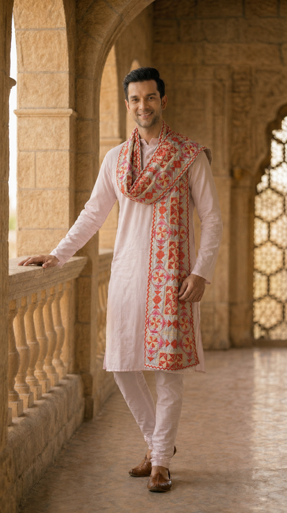 Punjabi Bagh Phulkari Dupatta for Men with Heavy Embroidery | Grey