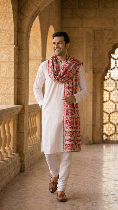Punjabi Bagh Phulkari Dupatta for Men with Heavy Embroidery | Grey