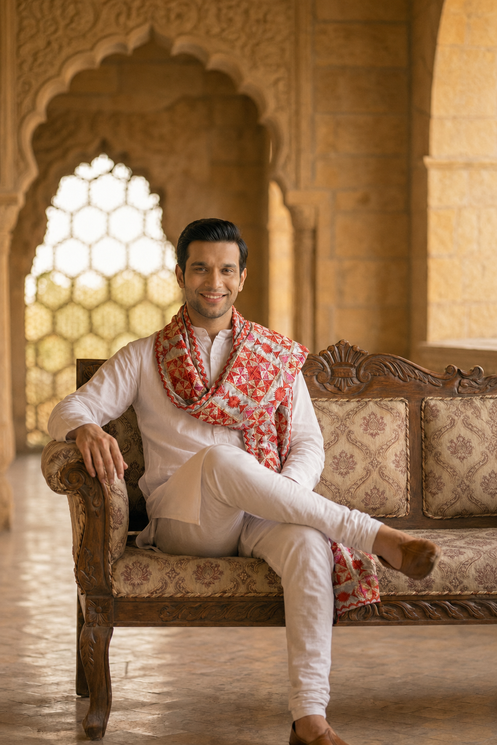 Punjabi Bagh Phulkari Dupatta for Men with Heavy Embroidery | Grey