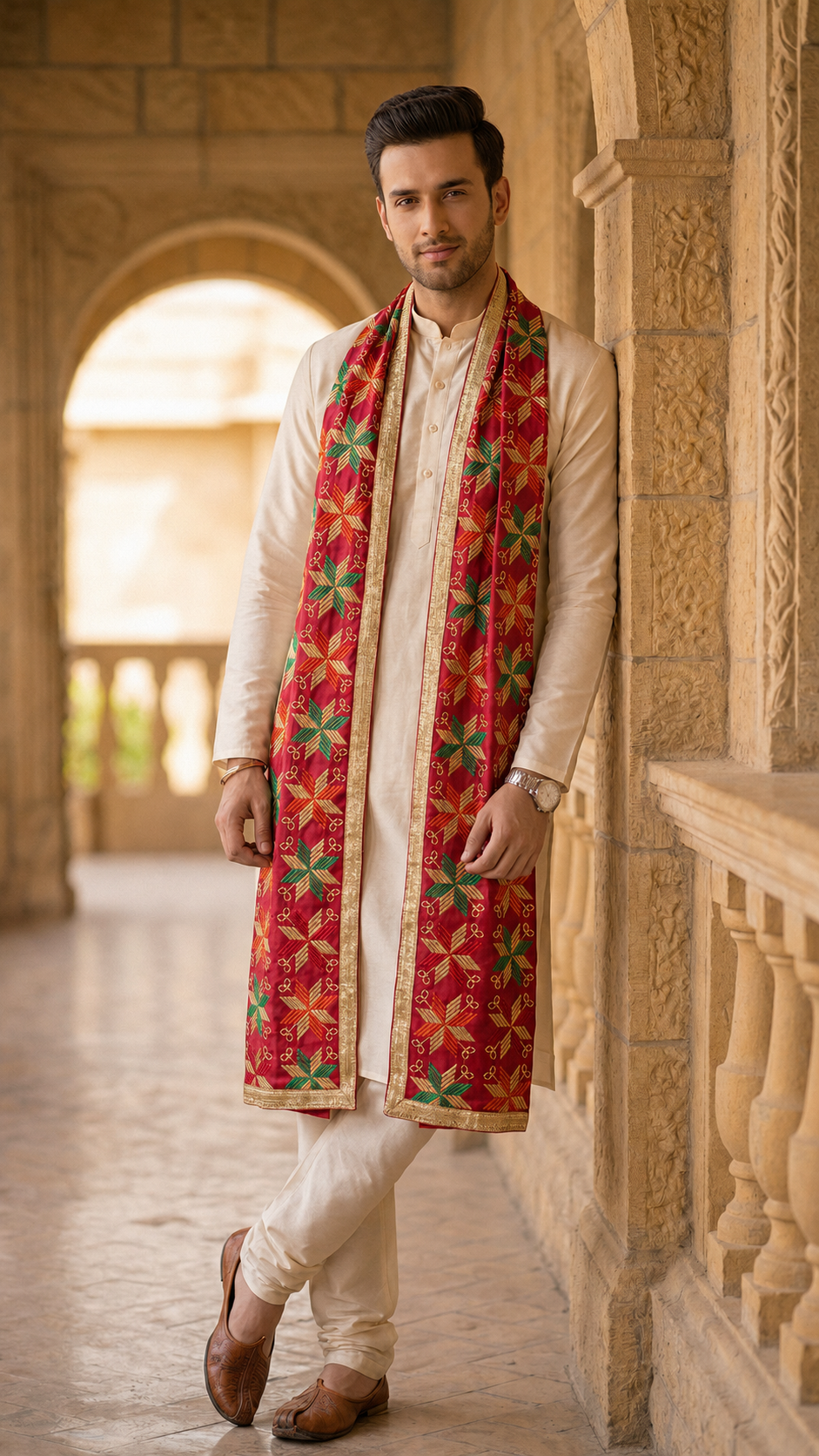 Punjabi Phulkari Dupatta for Men with Heavy Embroidery | Multicolor