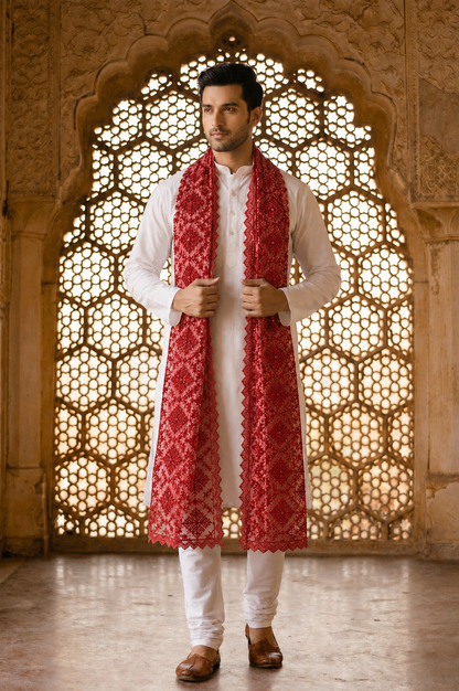 Organza Phulkari Dupatta for Men with Heavy Embroidery | Maroon