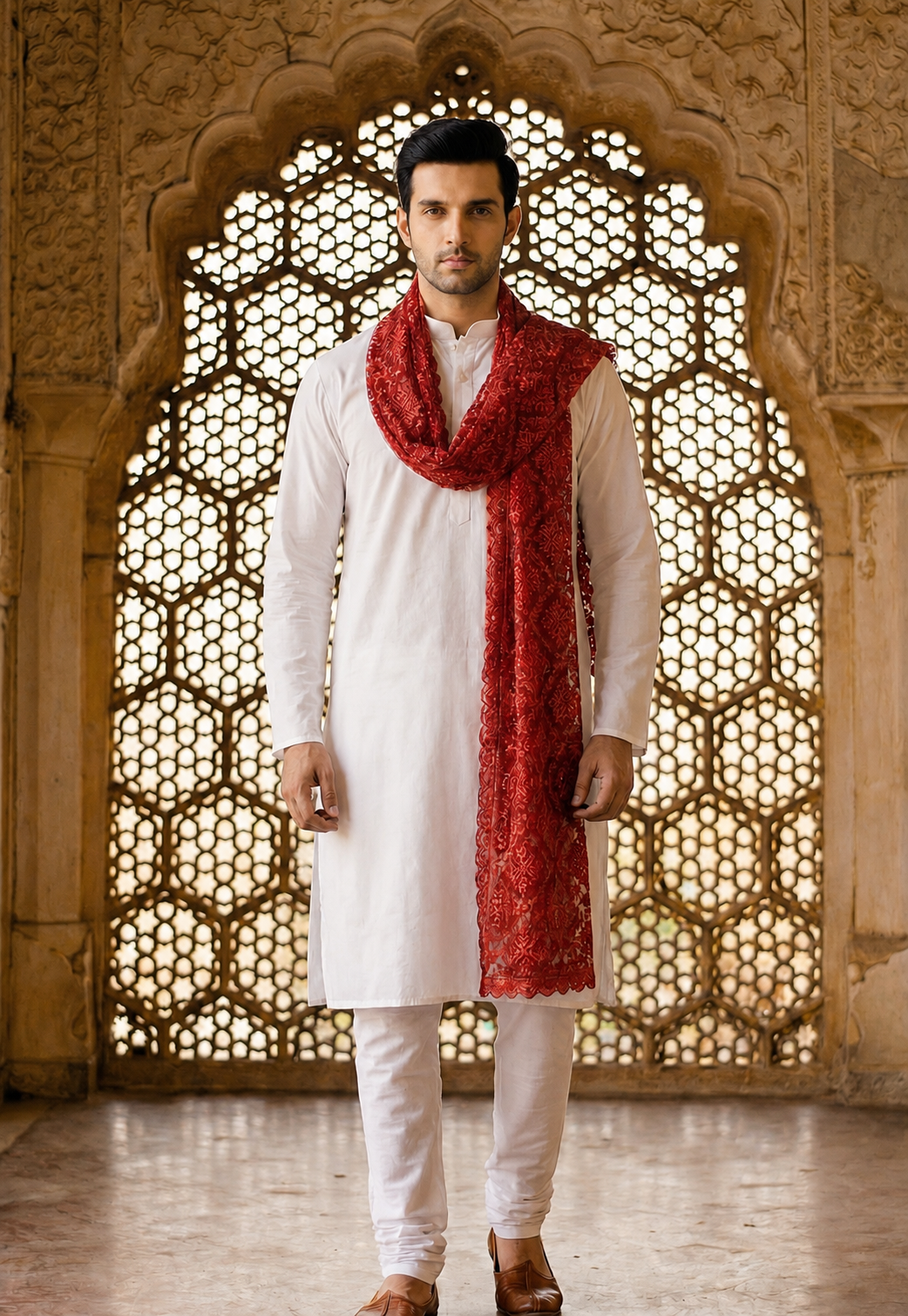 Organza Phulkari Dupatta for Men with Heavy Embroidery | Maroon