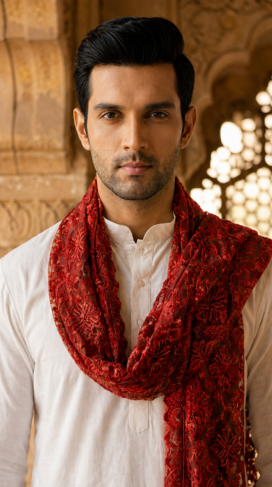 Organza Phulkari Dupatta for Men with Heavy Embroidery | Maroon