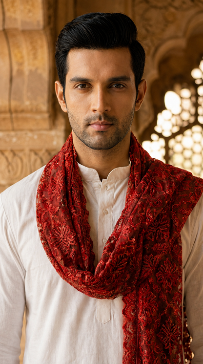 Organza Phulkari Dupatta for Men with Heavy Embroidery | Maroon