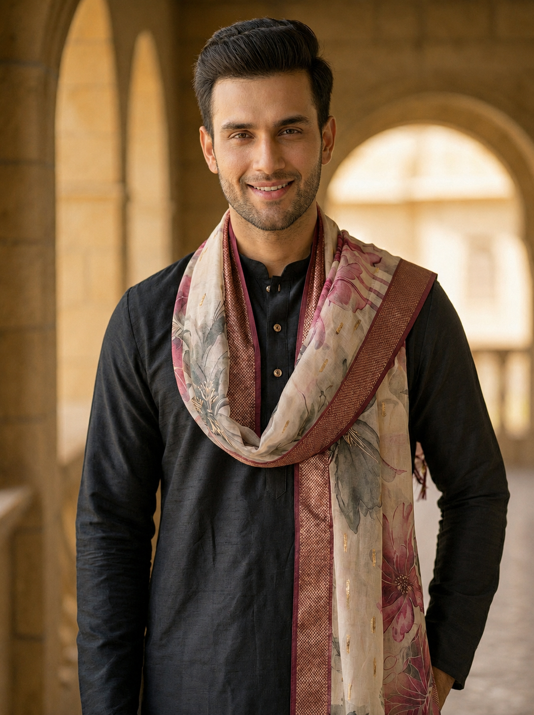 Floral Print Dupatta for Men with Zari Border | Ivory