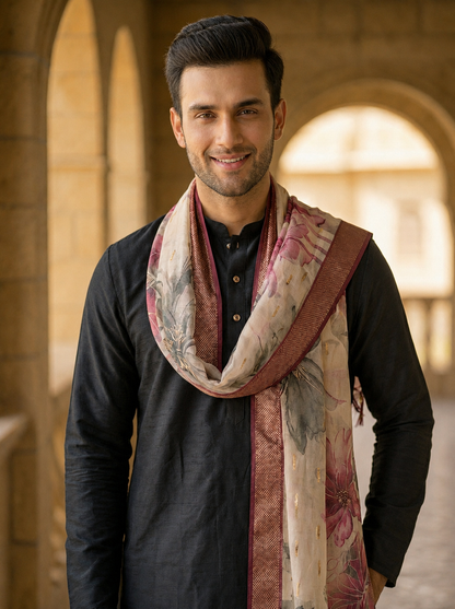 Floral Print Dupatta for Men with Zari Border | Ivory