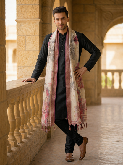 Floral Print Dupatta for Men with Zari Border | Ivory