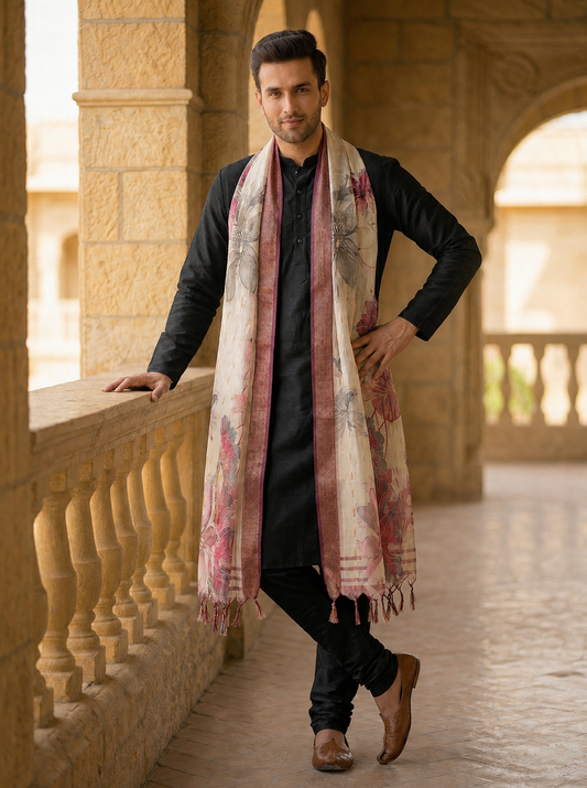 Floral Print Dupatta for Men with Zari Border | Ivory