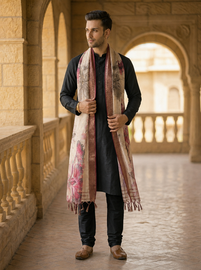 Floral Print Dupatta for Men with Zari Border | Ivory