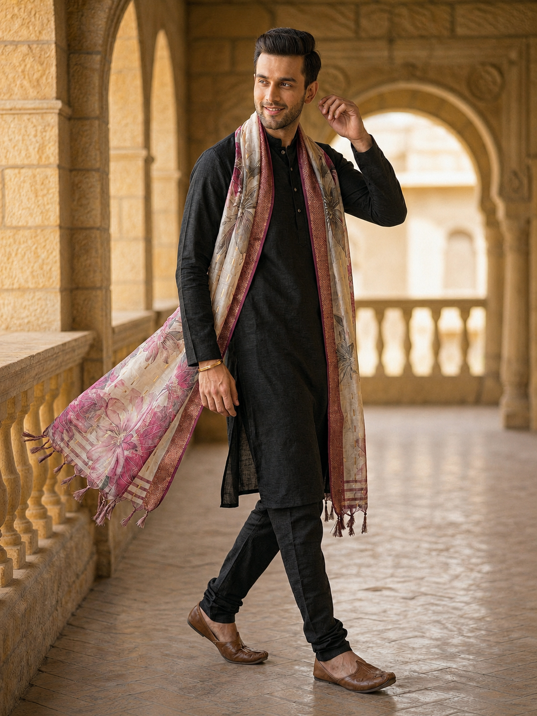 Floral Print Dupatta for Men with Zari Border | Ivory