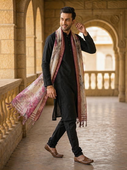 Floral Print Dupatta for Men with Zari Border | Ivory